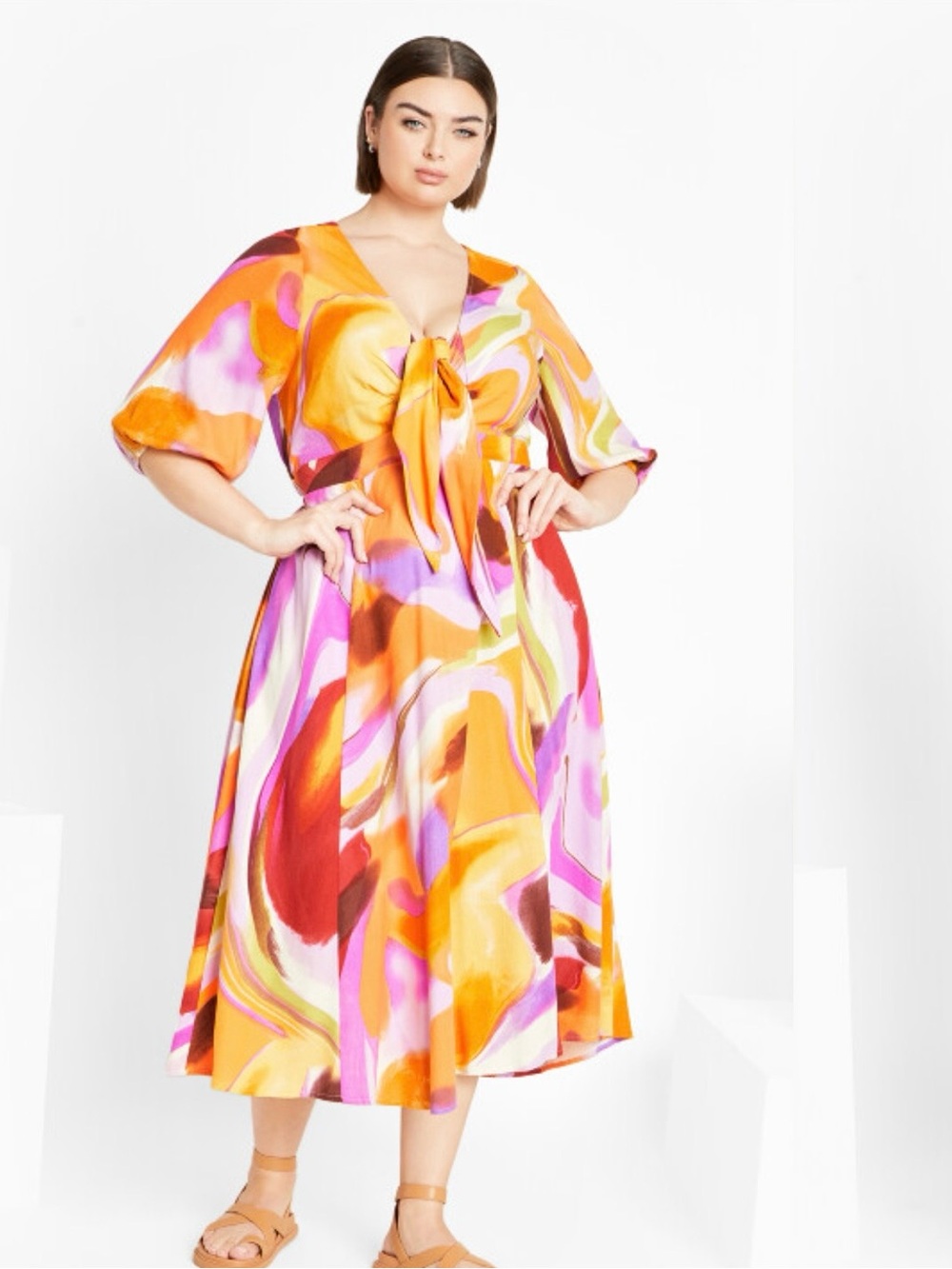 City Chic Abstract Tie-Front Midi Dress in Orange, Pink & Yellow